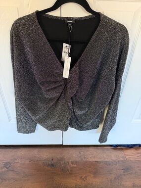 Express Metallic Twist-Front V-Neck Top - Charcoal Silver